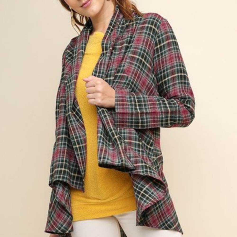 Umgee Plaid Draped Cardigan in Green, Red, and Yellow